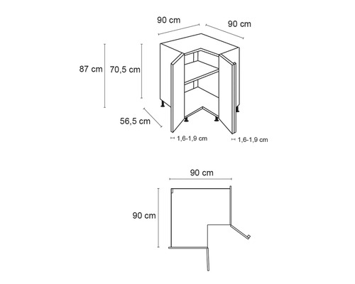 Dessin technique d''un meuble bas d''angle mesurant 90 cm sur 90 cm.