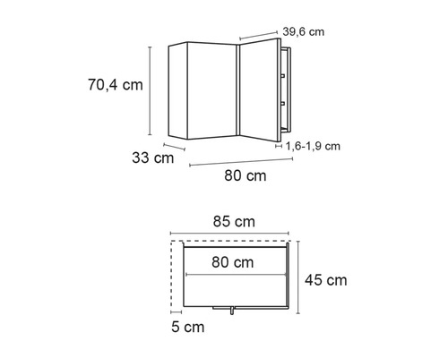 Schéma coté d''une armoire de toilette avec des dimensions de 70,4 cm de hauteur, 33 cm de profondeur, 39,6 cm de largeur et 80 cm de longueur