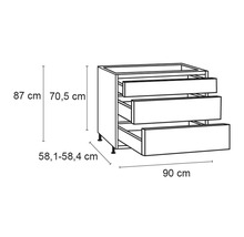 Schéma d''un meuble bas de cuisine avec trois tiroirs et indications de dimensions.