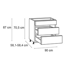 Illustration d''un meuble bas de cuisine avec trois tiroirs et les dimensions suivantes : 87 cm de hauteur, 90 cm de largeur et 58,1 à 58,4 cm de profondeur.