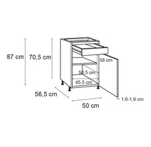 Schéma d''un meuble bas de cuisine avec tiroir et étagère et indications de dimensions