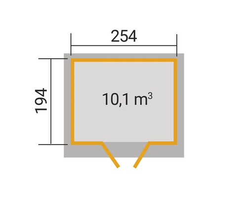Plan avec indication des dimensions 254 par 194 centimètres et un volume de 10,1 mètres cubes