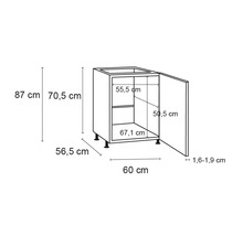 Skizze eines Spülenunterschranks mit Maßangaben