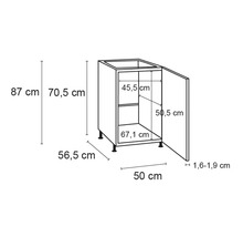 Technische Zeichnung eines Unterschranks mit Maßangaben