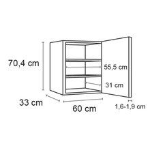 Skizze eines Hängeschranks mit den Maßen 70,4 cm Höhe, 60 cm Breite und 33 cm Tiefe.