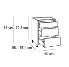 Schéma d''un meuble bas de cuisine avec trois tiroirs et indications de dimensions
