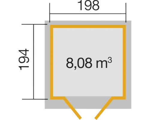 Grundrisszeichnung mit Maßangaben: 198 x 194 cm und 8,08 Kubikmeter Rauminhalt