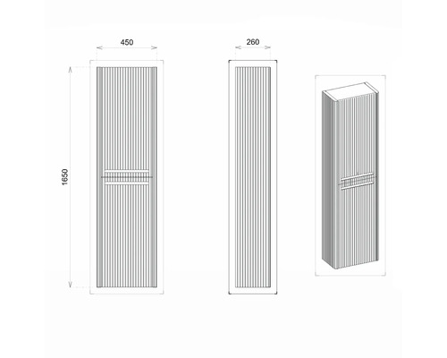 Schéma technique d''une armoire haute de salle de bains avec des dimensions de 1650 x 450 x 260 millimètres.