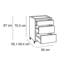Schéma d''un meuble bas de cuisine avec trois tiroirs et indications de dimensions