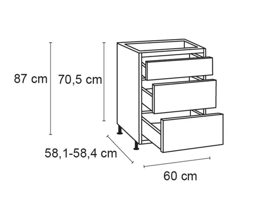 Schéma d''un meuble bas de cuisine avec trois tiroirs et indications de dimensions