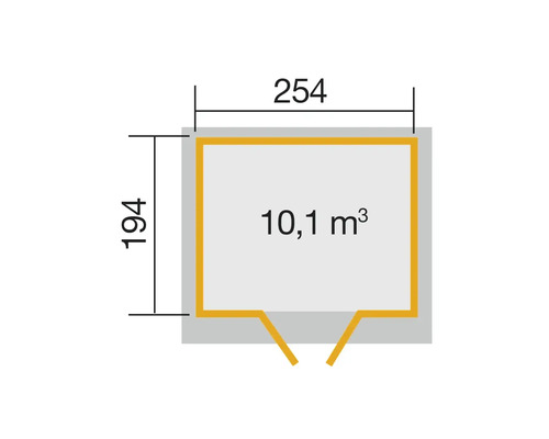Plan avec les dimensions 254 centimètres sur 194 centimètres et un volume de 10,1 mètres cubes