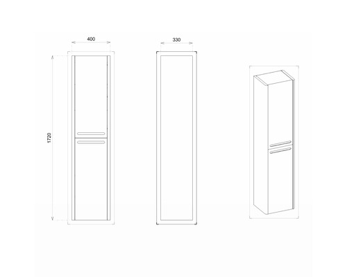 Dessin technique d''une armoire haute de salle de bains mesurant 400 x 330 x 1720 millimètres.