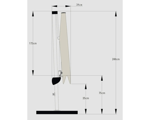 Technische Zeichnung eines Sonnenschirms mit Maßangaben