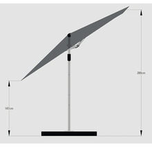 Image d'un parasol avec mât latéral et dimensions de 147 cm et 280 cm.