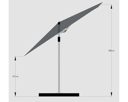 Image d'un parasol avec mât latéral et dimensions de 147 cm et 280 cm.