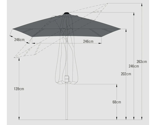 Dessin technique d'un parasol avec dimensions