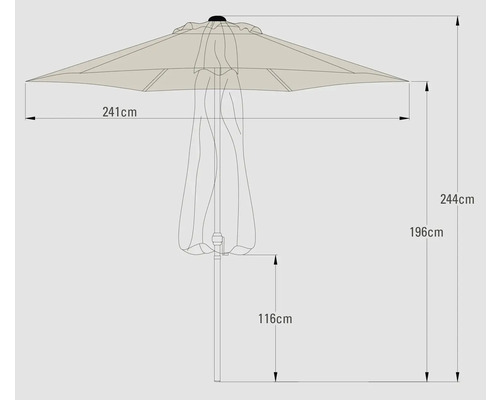 Schéma technique d''un parasol avec indication des dimensions.