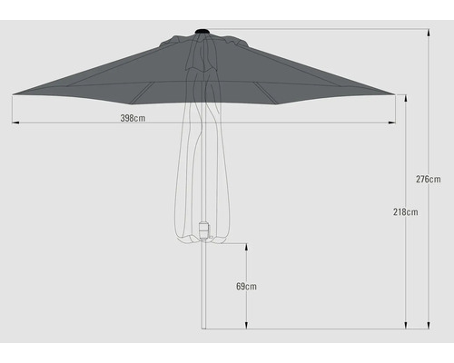 Schéma technique d''un parasol avec les dimensions suivantes : 398 cm de largeur, 276 cm de hauteur, 218 cm de hauteur jusqu''au toit du parasol et 69 cm de hauteur du pied.