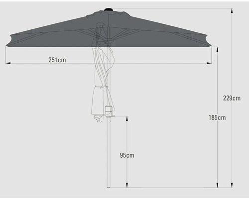 Dimensions d''un parasol : 251 cm de large, 229 cm de haut, 185 cm de hauteur jusqu''au parasol, 95 cm de hauteur du mât.