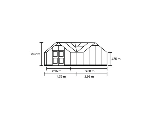 Technische Zeichnung eines Gewächshauses mit Maßangaben