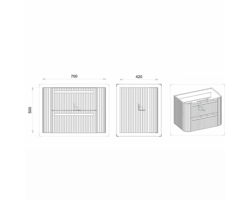 Dessin technique d''un meuble sous-lavabo avec les dimensions 700 x 500 x 420 millimètres.