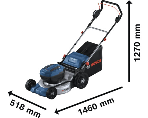 Tondeuse autoportée mesurant 1460 millimètres par 518 millimètres par 1270 millimètres