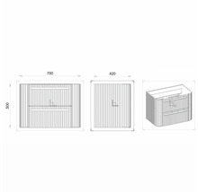 Technische Zeichnung eines Waschtischunterschranks mit den Maßen 700 x 500 x 420 mm