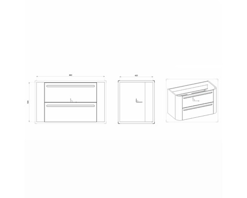 Schéma technique d''un meuble sous-vasque avec deux tiroirs et indications de dimensions.