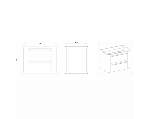 Schéma technique d''un meuble sous-lavabo avec tiroirs et indications de dimensions