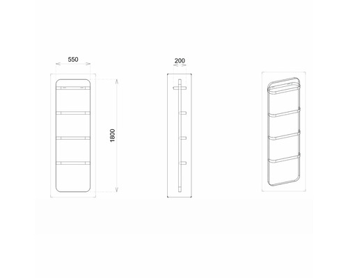 Schéma technique d''une étagère murale à quatre tablettes avec dimensions