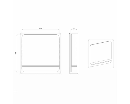 Technische Zeichnung eines Spiegels mit Ablage und den Maßen 860 x 860 x 140 mm.