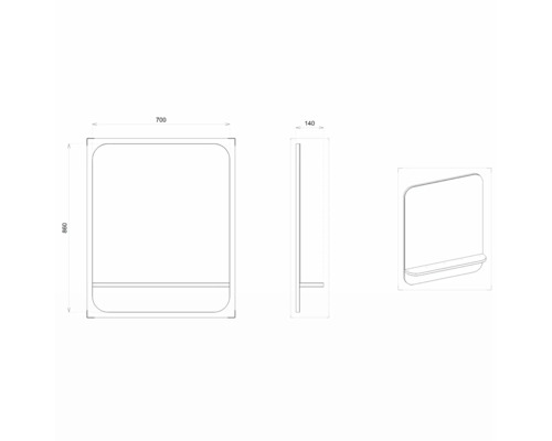 Technische Zeichnung eines Spiegelschranks mit den Maßen 700 x 860 x 140 Millimeter.