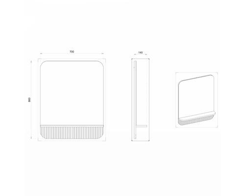 Technische Zeichnung eines Spiegelschranks mit den Massen 700 x 860 x 140 Millimeter.