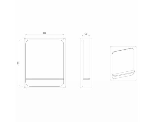 Technische Zeichnung eines Spiegelschranks mit den Massen 700 x 860 x 140 mm.