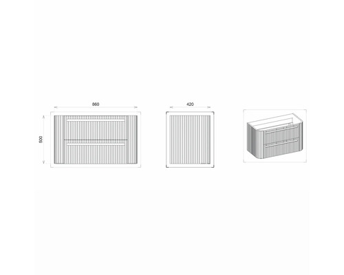 Technische Zeichnung eines Waschtischunterschranks mit den Massen 860 x 500 x 420 mm.