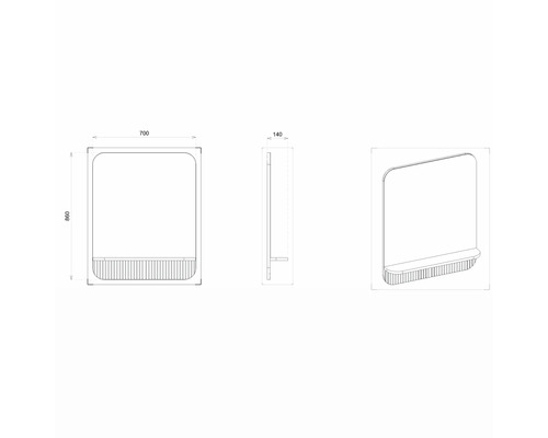Dessin technique d''un miroir avec étagère de rangement, hauteur 860 millimètres, largeur 700 millimètres et profondeur 140 millimètres