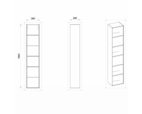 Plan technique d''une étagère mesurant 1860 x 380 x 280 millimètres.