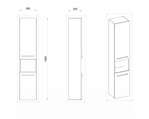 Dessin technique d''une armoire haute de salle de bains avec dimensions.