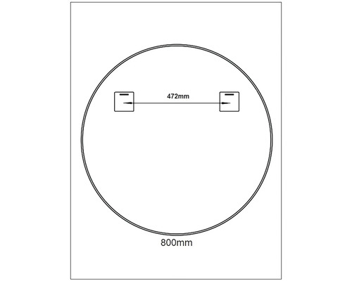 Schéma de miroir rond avec dimensions : diamètre de 800 mm et distance de 472 mm entre les points de fixation.