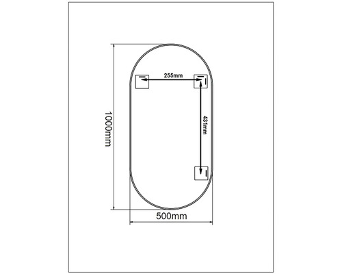 Schéma technique d''un miroir mesurant 1000 mm de haut et 500 mm de large