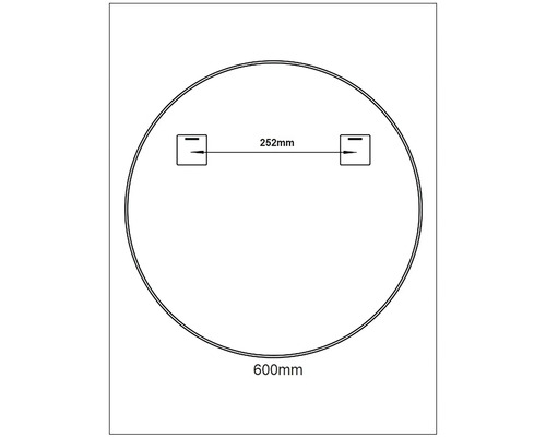Dessin d''un miroir rond avec des dimensions de 600 mm de diamètre et 252 mm de distance entre les points de suspension