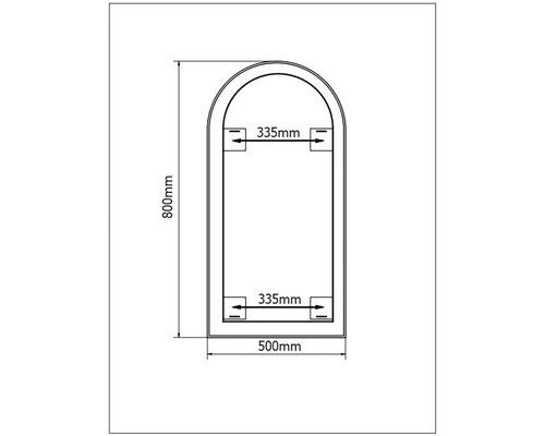 Schéma technique d''un miroir avec des coins arrondis et des dimensions