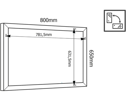 Technische Zeichnung eines Spiegels mit den Maßen 800 mm Breite und 650 mm Höhe