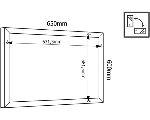 Technische Zeichnung eines Spiegels mit den Massen 650 mm Breite und 600 mm Höhe.