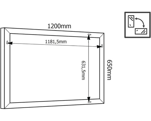 Schéma technique d''un miroir avec cotes 1200 mm par 650 mm
