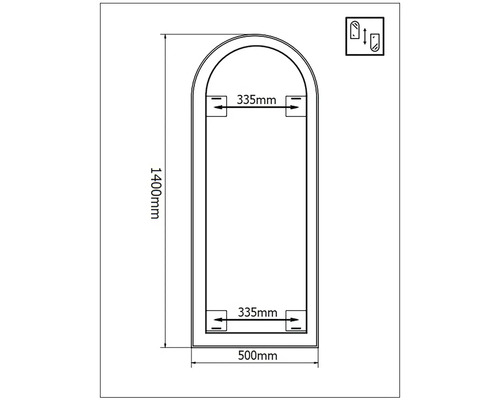 Dessin technique d''un miroir mesurant 1400 mm de haut et 500 mm de large