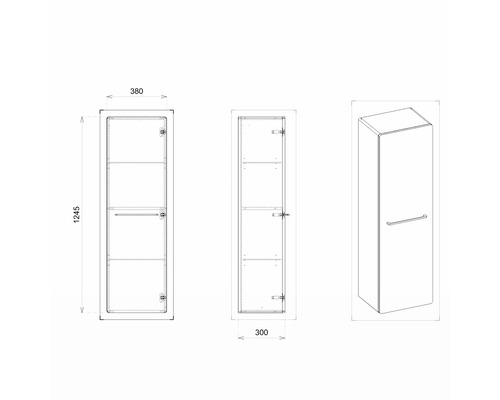 Technische Zeichnung eines Badezimmer Hochschranks mit den Maßen 380, 300 und 1245 Millimeter.