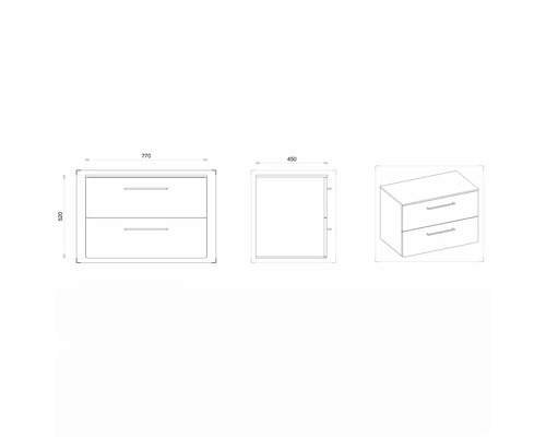 Dessin d''un meuble sous-lavabo avec deux tiroirs et indications de dimensions