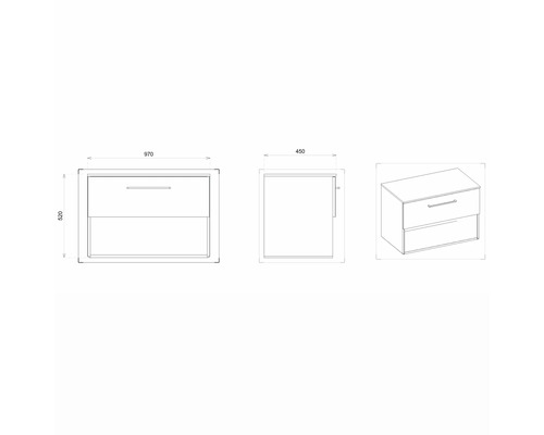 Dessin technique d''un meuble sous-lavabo avec deux tiroirs et indications de dimensions