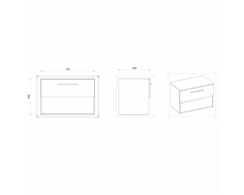 Schéma technique d''un meuble sous-lavabo avec dimensions